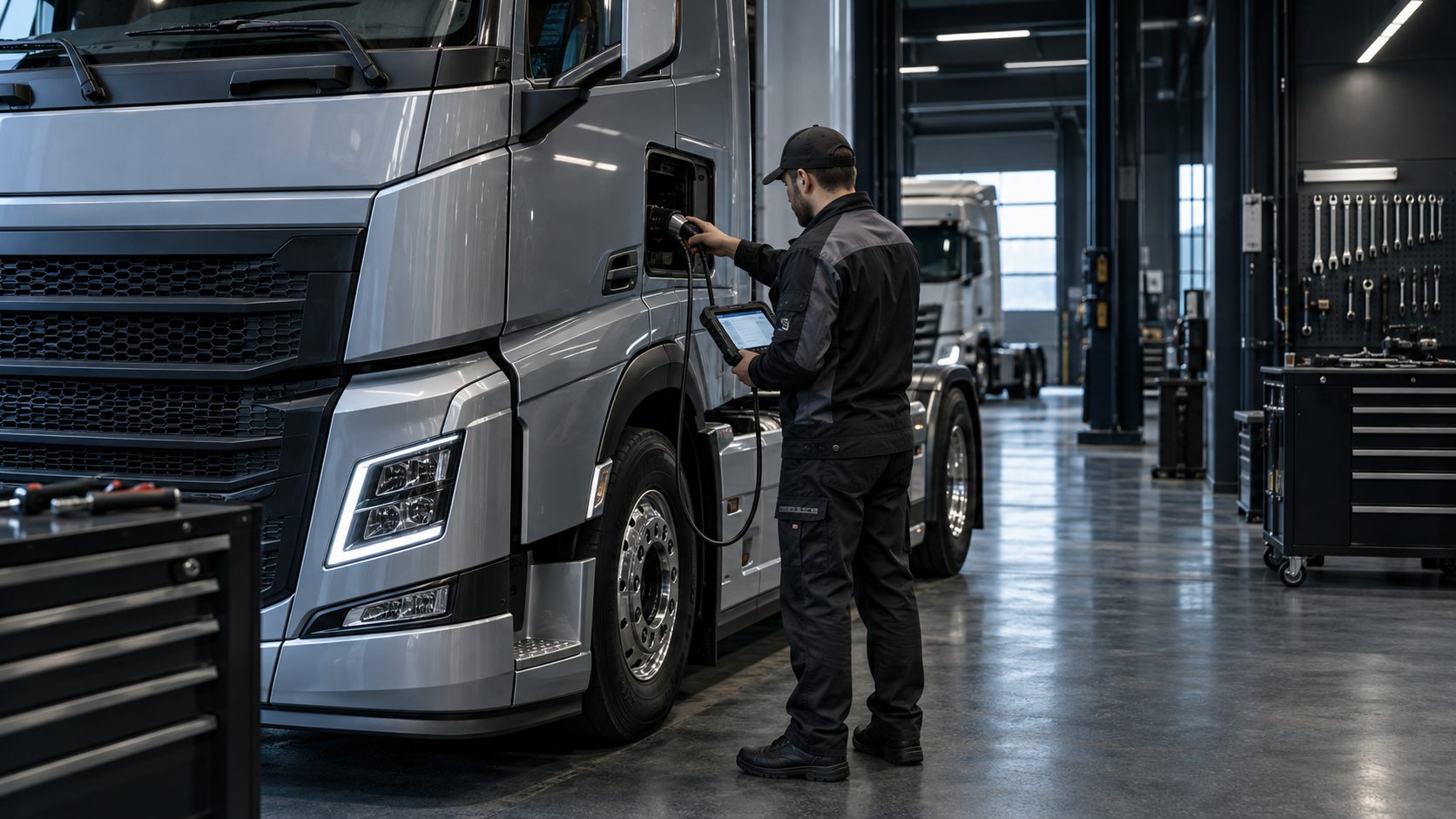 Tehnician realizând diagnoză profesională pe un camion